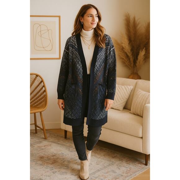 Desigual Longline Duster Cardigan | Navy Wool Blend Knit Sweater | XL - Picture 1 of 11